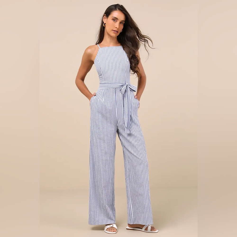 Messina Blue Striped Wide-Leg Jumpsuit by Lulus - Picture 9 of 9